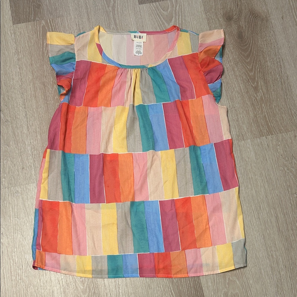 BiBi Multicolor Rainbow Rectangle Block Blouse with Flutter Shoulders Sz Small